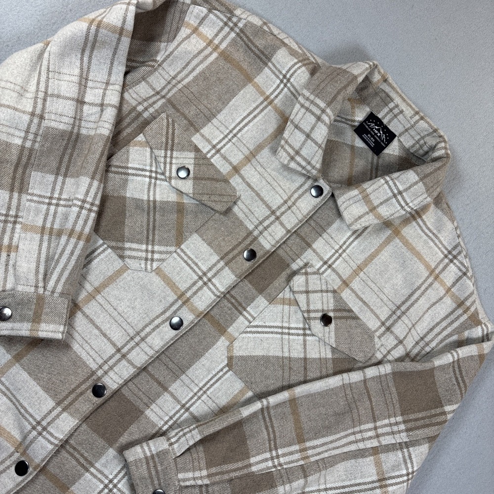 HFX Mens XL Brown Plaid Heavy Flannel Snap Shirt‎ Jacket Shacket Wool Blend